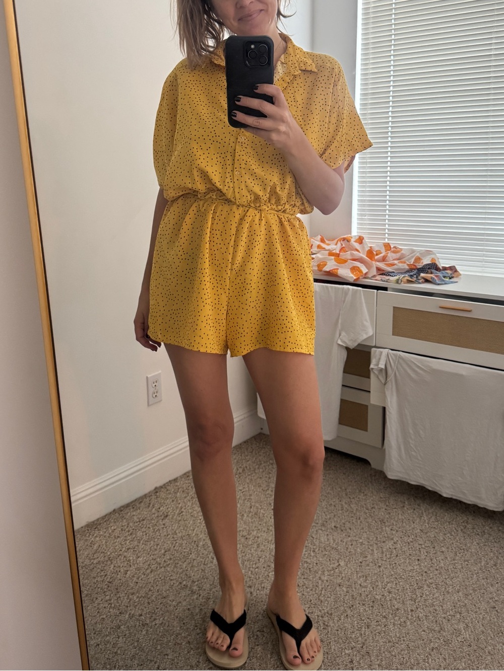 AX Paris Yellow Polka Dot Button-Front Drawstring Shirt Dress with shorts